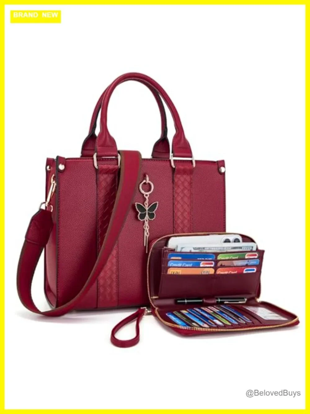 Butterfly Pendant Satchel Purse and Wallet Set with RFID Blocking Wide Strap